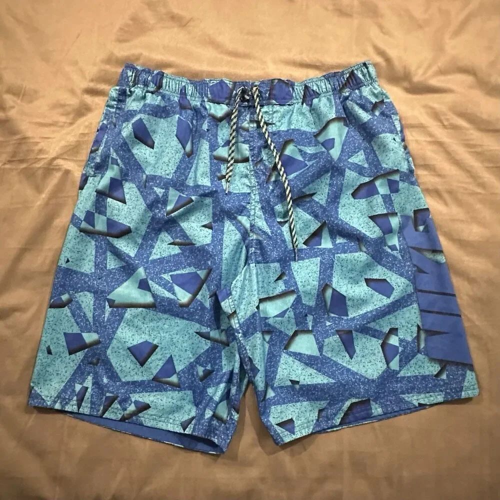 Nike Swim Shorts Men's XL Spellout Geometric Blue Trunks Embroidery Outdoors